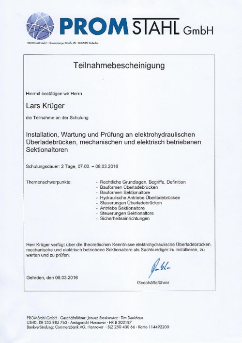 Teilnahmebescheinigung PROM-Schulung 2016 L. Krüger